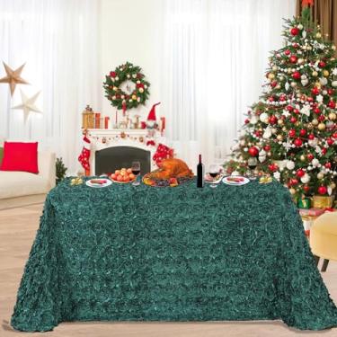 Imagem de B-COOL Toalha de mesa roseta verde escura: capas de mesa retangulares verdes de Natal 227 x 386 cm, toalha de mesa floral 3D, decoração de mesa de festa, decoração de Holday