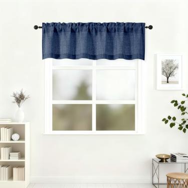 Imagem de Lecloud Saia azul marinho para janela de 35,5 cm de comprimento, cortinas de cozinha elegantes com filtro de luz de privacidade sobre a pia, cortinas curtas arejadas com bolsos de varão para banheiro