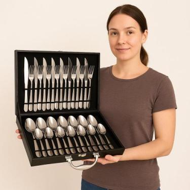 Imagem de Faqueiro 24 Peças Talheres Inox com Maleta Marrom - CORTINOX, Preto