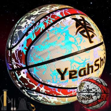 Imagem de YeahShoot Bola de basquete brilhante para meninos e jovens, bola de basquete holográfica refletiva e que brilha no escuro, durável e elegante para todas as quadras (vermelho e branco, tamanho 7/75 cm)