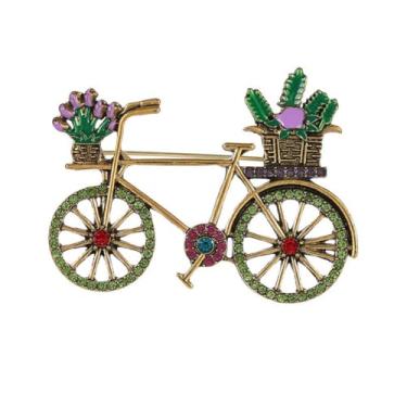 Imagem de Cesta de flores Broche de bicicleta para mulheres dourado vintage vermelho verde rosa CZ broche de lapela broche de vestido delicado acessórios de Natal feriado aniversário joias, Medium, Metal, Sem