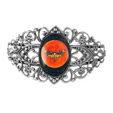 Imagem de Pulseira vitoriana com cabeça da morte, design de lua de sangue celestial, metal filigrana, ajustável 16,5 polegadas, acabamento antigo - 155-CB, Adjustable, Vidro, Sem Pedra Preciosa