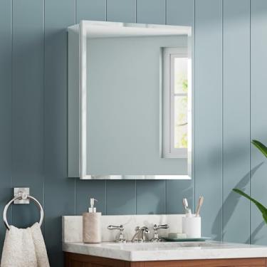 Imagem de TIFULLHOME Armário de remédios de alumínio de 35 x 45 cm com espelho chanfrado, montagem necessária, suporte embutido ou na parede, 1 prateleira de vidro temperado ajustável, espelhos laterais, porta