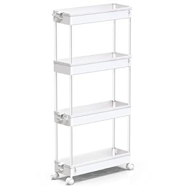 Imagem de SPACEKEEPER Carrinho de armazenamento fino com 4 níveis organizador de banheiro unidade móvel prateleira utilitária rack de torre para lavanderia cozinha lugares estreitos, branco