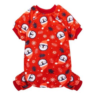 Imagem de ORZECHKO Pijama de Natal para cães pequenos, pijamas quentes de lã para cães de inverno, roupas de férias para filhotes, estampa de pinguim fofo, macacão de cachorro para fantasia de Natal