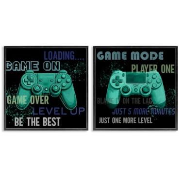 Imagem de Stupell Industries Conjunto de arte giclée emoldurado preto retrô com frases de jogos controladores, design de Kim Allen, 12 x 12