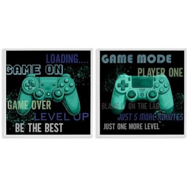 Imagem de Stupell Industries Conjunto de arte giclée emoldurado preto retrô com frases de jogos controladores, design de Kim Allen, 17 x 17