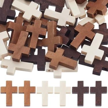 Imagem de SUNNYCLUE 1 caixa 48 peças, 3 cores, contas de cruz de madeira de Páscoa, contas espaçadoras cruzadas, bronze, branco, rosário, crucifixo, cruzes, espaçadores soltos a granel para fazer joias, férias