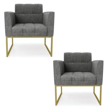 Imagem de Kit 2 Poltronas Elisa Linho Grafite A26 Base Metálica Industrial Dourada - D'rossi