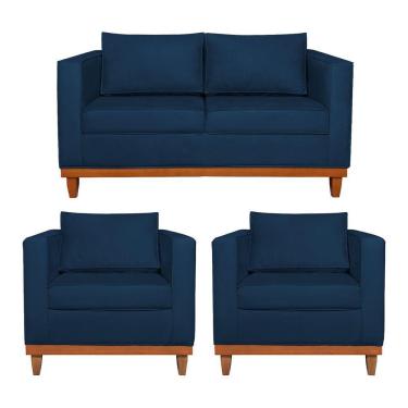 Imagem de Kit Sofá 2 E 3 Lugares E 2 Poltronas Europa 180 Cm Suede - Amarena Móveis Azul Marinho