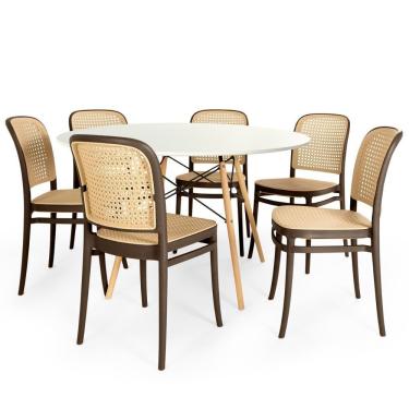 Imagem de Conjunto Mesa De Jantar Redonda Eiffel Branca 120cm Com 6 Cadeiras Roma - Marrom