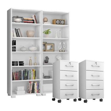 Imagem de Kit 2 Gaveteiros Para Escritório Gávea Com Chave E 2 Livreiros Office Branco Fosco – Móveis Leão