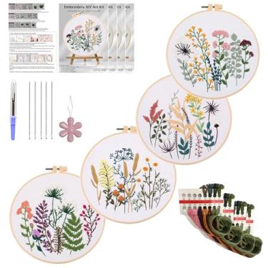 Imagem de Huacan Kits de bordado para adultos, estampa de flores estampadas para iniciantes, 4 peças, kit de costura de ponto cruz faça você mesmo, 19 x 19 cm