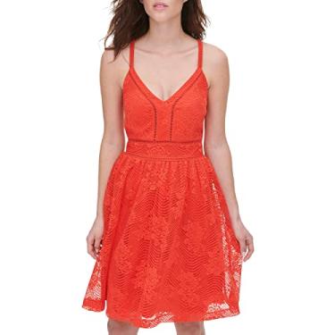Imagem de GUESS Vestido midi feminino texturizado de tricô com ombro de fora, areia multi, 11, Coral quente, 42