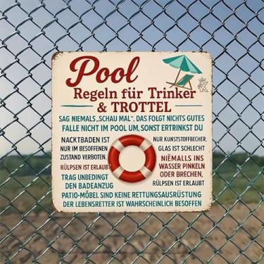 Imagem de Pool Rules Drinkers Idiots Sign Vintage Metal Tin Sign Wall Art - Decoração de parede retrô de 20 x 20 cm para casa, bar, garagem e escritório fazenda