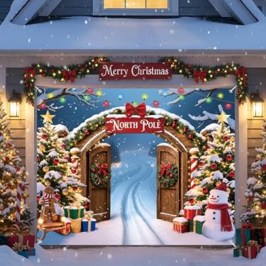 Imagem de HunnmingRe Decoração de banner de porta de garagem de Natal 2,1 x 2,4 m Capas de porta de garagem magnéticas grandes decorações de fundo de Natal para festas de Natal internas ao ar livre (polo norte)