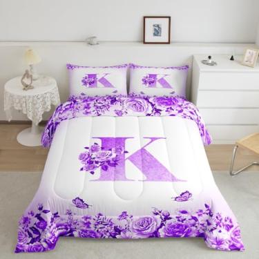 Imagem de jejeloiu Conjunto de edredom solteiro com letras roxas e flores, para crianças, adolescentes, meninas, mulheres, conjunto de cama personalizado, ultramacio, monograma, floral, rosa, borboleta, edredom