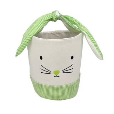 Imagem de Cesta de lona de coelhinho da Páscoa, cesta de ovos de Páscoa, rosto de coelho, branca com padrão guingão, 20 x 25 cm, alça dobrável (verde)