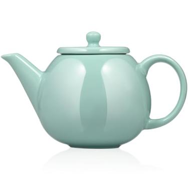 Imagem de PARACITY Bule de cerâmica 680 ml, bule de chá de porcelana com infusor removível de aço inoxidável 18/8, chaleira para flores e folhas soltas, máquina de chá para acampar, viagens (verde claro)