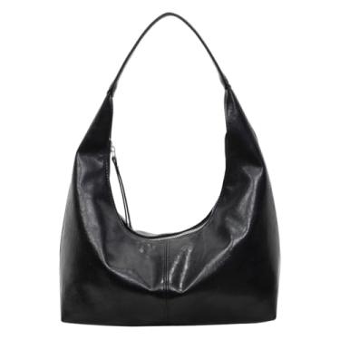 Imagem de Bolsa Hobo feminina, pequena bolsa de ombro de couro PU Y2K bolsa de mão bolsa crescente para viagens de trabalho, Preto, Medium