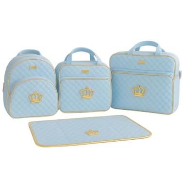 Imagem de Kit Bolsa Frasqueira Mochila e Trocador Saida Maternidade 4 Peças Coroa Dourada (Azul bebê)
