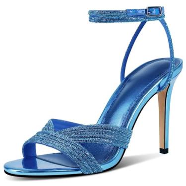 Imagem de GPXGPX Sandálias femininas de salto alto com strass e salto agulha brilhante com tira no tornozelo, bico redondo, bico aberto, elegantes para casamentos, sandálias sexy, Azul, 37