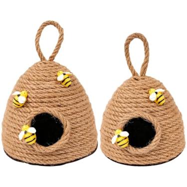 Imagem de Conjunto de enfeites de colmeia de corda de abelha, decoração de abelha artesanal de juta para exibição interna, duas opções de tamanho