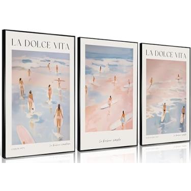 Imagem de 3 peças de arte de parede em tela costeira azul e rosa aquarela pintura de surfe preppy decoração de parede La Dolce Vita surfe verão praia pôster arte para menina dormitório sala de estar quarto