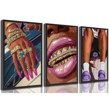 Imagem de Arte de parede em tela para mulher negra afro-americana, 3 peças, roxo, moda, pintura de menina negra, fotos, decoração de parede, pôster impresso, arte para sala de estar, quarto, decoração de casa