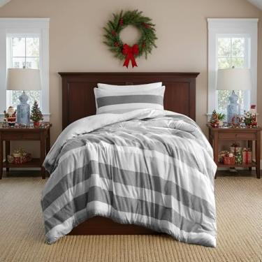 Imagem de Regency Heights Conjunto de edredom e fronha de solteiro listrado de 2 peças – Roupa de cama reversível de microfibra escovada macia para todas as estações, leve e respirável, lavável na máquina