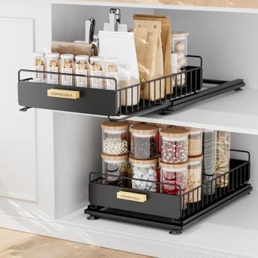 Imagem de HOMEBOSILY Organizador embaixo da pia, pacote com 2 organizadores de banheiro e prateleiras de armazenamento, organizador de armário de cozinha multiuso deslizante, fácil de instalar, preto