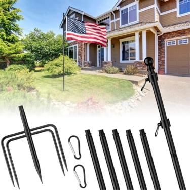 Imagem de LUMINFLY Kit de mastro de bandeira de aço inoxidável de 3 m, resistente no solo para casa residencial de jardim, base de 5 garras livre de 360°, comporta 2 bandeiras externas pretas
