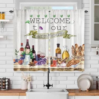 Imagem de TOLTUQE Cortinas blackout de cozinha rústica – Aquarela verão frutas e utensílios de padaria padrão vinho, conjunto de 2 painéis para sala de jantar, estilo country minimalista 106 x 113 cm