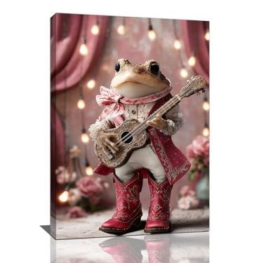 Imagem de Arte de parede rústica sapo guitarra no palco música folclórica country decoração de parede festival de música pinturas impressões engraçadas rosa animal arte emoldurado instrumentos musicais