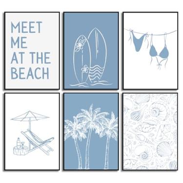 Imagem de ZUGHRERF 6 peças de arte de parede azul costeira moderna conchas de biquíni preppy impressões de pôster pintura temática oceano arte arte estética imagem para quarto de meninas adolescentes decoração
