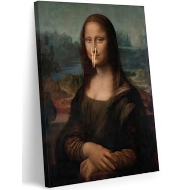 Imagem de FWAHREN Arte de parede engraçada Mona Lisa em tela de banheiro, quadro vintage emoldurado, imagens artwork, preto e branco Mona Lisa com prendedor de roupa, pôster de nariz decoração de parede para