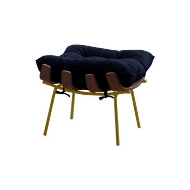 Imagem de Puff Sala de Estar Abel Base de Madeira Dourada Veludo Azul