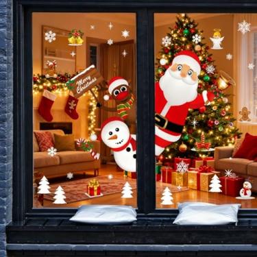 Imagem de 4 adesivos de janela de Natal, adesivos de janela interna com desenhos de Papai Noel e boneco de neve, decoração de PVC para exibição de férias
