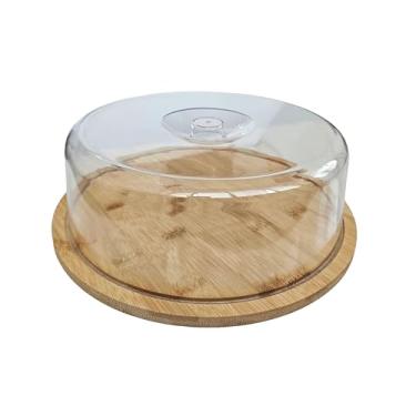 Imagem de Porta Bolo de Bambu com Tampa de Plástico, Base Redonda, 28cm Largura x 9,5cm Altura, Tampa Transparente 24cm