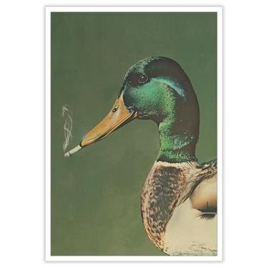 Imagem de Arte de parede de pato peculiar engraçado verde pato decoração vintage impressão em tela de caça imagens peculiares de animais verde-oliva cabine estética para apartamento sala de estar casa cozinha