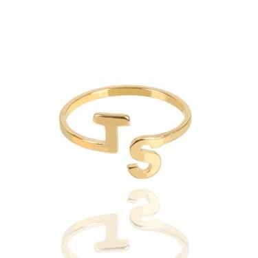 Imagem de CAONIDADAYE Tays Anel minimalista ajustável aberto inicial para mulheres, design empilhável de letras duplas com brilho duradouro, presente de Natal para melhor amigo em conjunto de caixa de presente