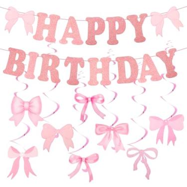 Imagem de Decorações de festa de aniversário com laço rosa, lindo laço de glitter, faixa de aniversário, arcos, conjunto de redemoinhos pendurados, laços de coquete, decoração de festas temáticas, flâmulas para