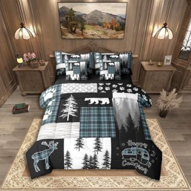 Imagem de Erosebridal Conjunto de edredom solteiro rústico com 7 peças, urso, cervo, fazenda, campo, campo, lençol com lençóis, azul e preto, xadrez, patchwork, acampamento, trailer, cama em uma bolsa
