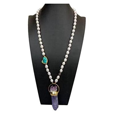 Imagem de URMIBDAI Colares Femininos Cultivados em Água Doce Branco Arroz Pérola Coral Colar Roxo Fluorita Ametista Ponto Quartzo Pingente 71 cm