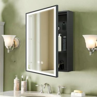 Imagem de KAASUNES Janboe Armário de remédios LED com luz, organizador de maquiagem com espelho, prateleira de vidro de iluminação, 3 cores e regulador, 56 × 76 cm, branco