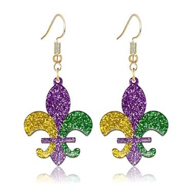 Imagem de Dreuyet Brincos de argola de carnaval femininos leves com glitter, roxo, amarelo, verde, arcos de carnaval, acessórios de bijuteria, Middle, Liga de aço, Sem pedra preciosa