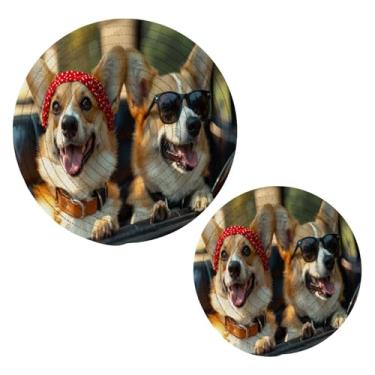 Imagem de Blueangle 2 peças de suporte de panela trivet para dois cães corgi felizes - conjunto de pegadores de panela de tecido redondo - almofadas quentes trançadas de algodão - porta-copos - tapetes de mesa