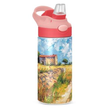 Imagem de Blueangle Garrafa de água doméstica camponesa isolada de aço inoxidável de 350 ml com tampa de canudo - Garrafa esportiva reutilizável e portátil à prova de vazamento para viagens, ao ar livre (369)