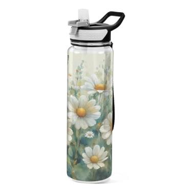 Imagem de ATTX Garrafa de água aquarela Meadow Daisies, 947 ml, à prova de vazamento e livre de BPA, garrafas de água reutilizáveis de plástico Tritan para viagens, academia, corrida (10)