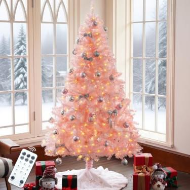 Imagem de Árvore de Natal rosa Prelit de 1,8 m com 11 modos e controle remoto de temporizador, 450 luzes multicoloridas, 1000 ramos de PVC, abeto artificial com dobradiça automática com suporte de metal para